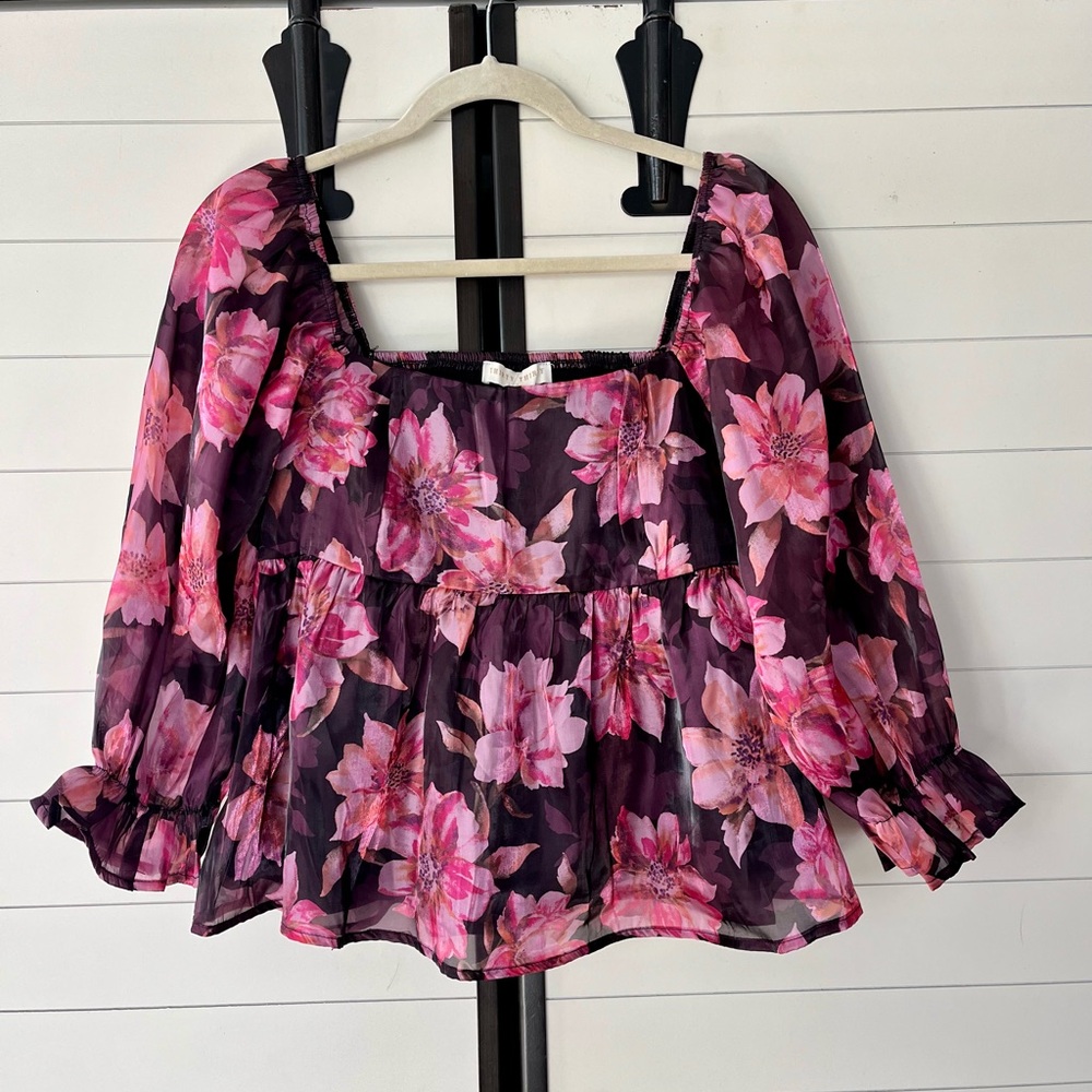 Floral Pink & Maroon Peplum Babydoll Blouse Large Flirty Feminine Garden Party